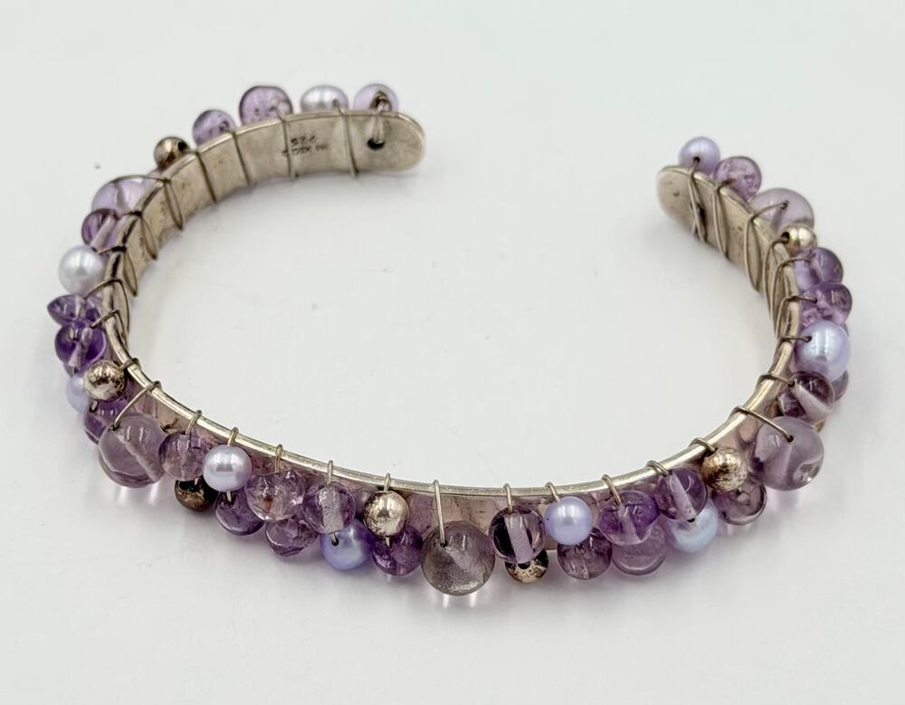 Mexican Artisan Sterling 925 Wired Amethyst & Purple Glass Bead Cuff Bracelet